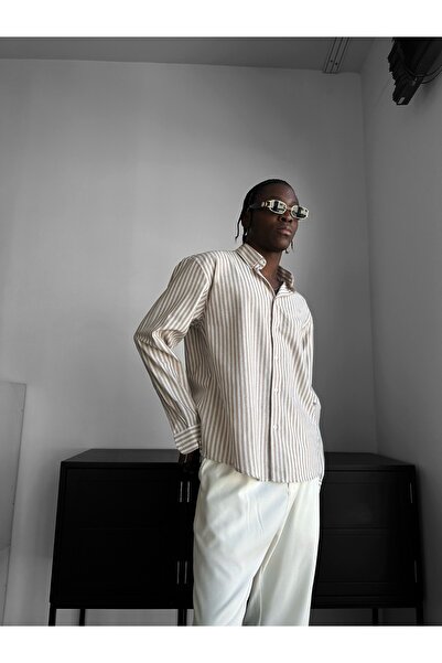 elkumoda Men's Oversized Striped Comfortable Fit Linen Look Long Sleeve Shirt