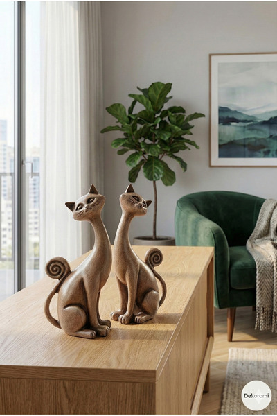 Tual Hobi Sanat 2'li Kedi Biblo Seti (21x10cm) Ev ve Ofis Dekorasyon Sevimli ...