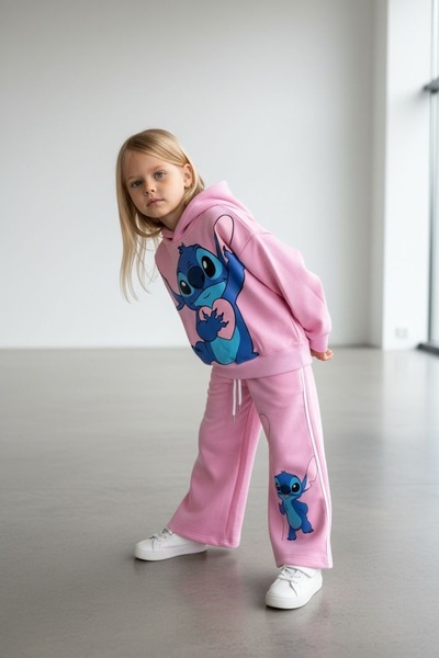 AkaKidsBoutique Stich baskılı kapüşonlu kız takım