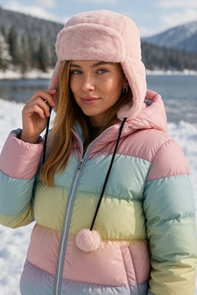 stravis Pink Pilot Hat Beanie with Fur Earmuffs