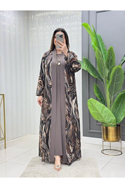 Modam Bella Büyük Beden Mermer Desenli Elbise Takım Kolyeli