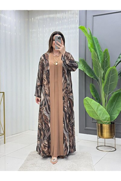 Modam Bella Büyük Beden Mermer Desenli Elbise Takım Kolyeli