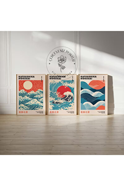 512 STORE 3'lü set Katsushika Hokusai Çerçevesiz Kuşe Kağıt Modern Poster Set...