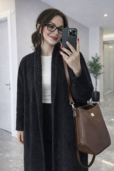 SARA Kadın Siyah Oversize Uzun Yumuşak Dokulu Triko Hırka