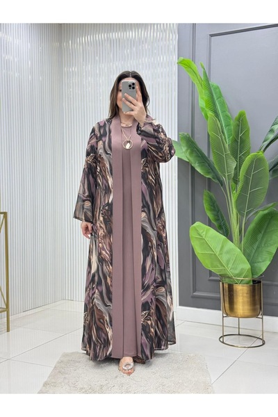 Modam Bella Büyük Beden Mermer Desenli Elbise Takım Kolyeli