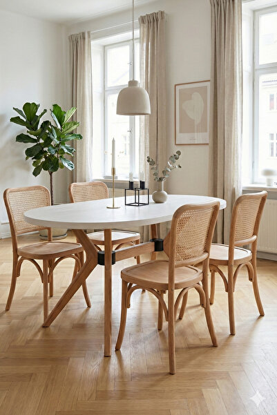 Woodenbend West Naturel Ahşap 4 adet Hasır Detay Sandalyeli Oval Mutfak Masa ...