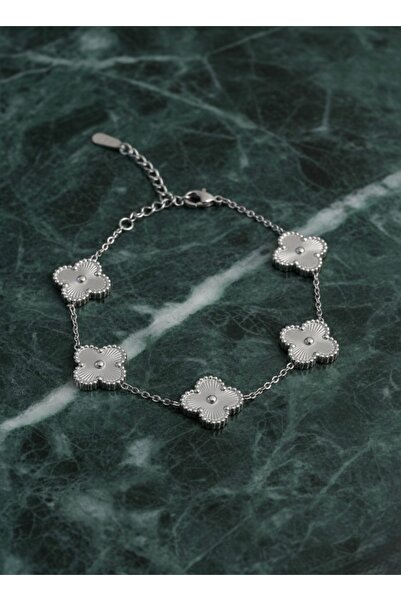 Gulsah's Store Çelik silver 5 yoncalı bileklik