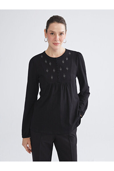 LC Waikiki Alita City Lcw Grace Black Embroidered Oval Neck Long Sleeve Women...