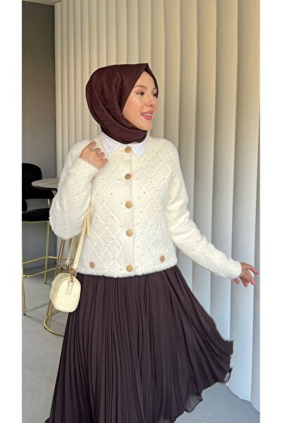 Homay Women's Angora Knitwear Relaxed Fit Pearl Detailed Cardigan