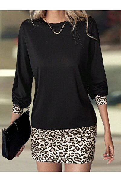 JANES Women's Long Sleeve Crew Neck Top Viscose Two Thread Bottom Leopard Pri...