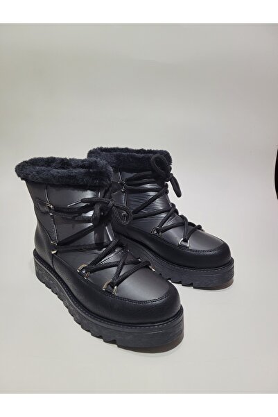 TİME Siyah Gri Bağcıklı Kadın Kar Botu