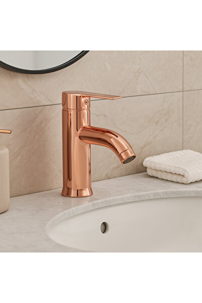 banyosepeti صنبور حوض أنيق من النحاس الذهبي الوردي - تصميم عصري بذراع واحد، ل...