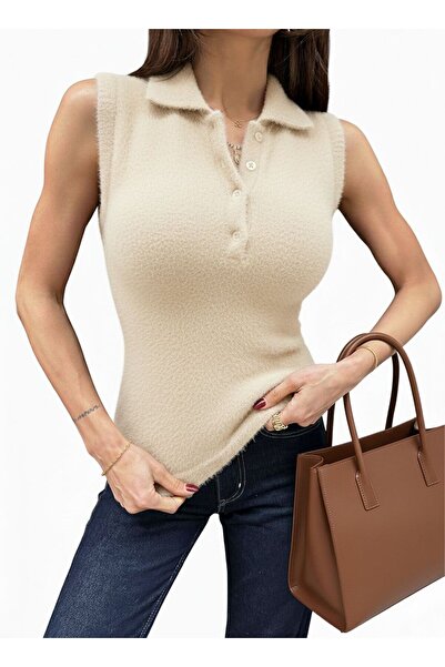 ANBLYs COLLECTION Buttoned Shirt Collar Zero Sleeve Soft Fur-Like Brown Women...