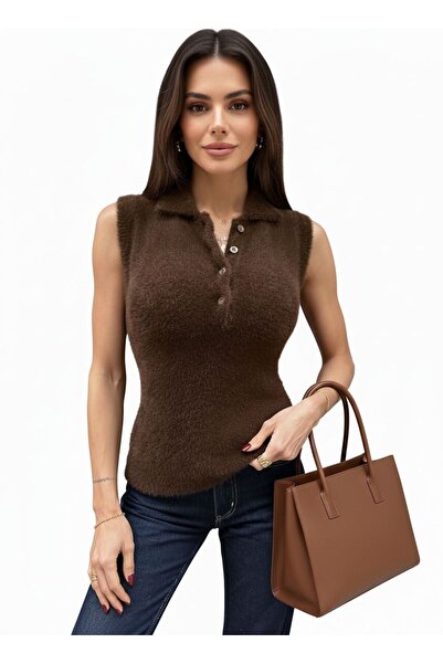 ANBLYs COLLECTION Buttoned Polo Neck Zero Sleeve Soft Fur-Like Brown Women's ...