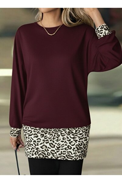 buğrahayalin Women's Long Sleeve Crew Neck Top Viscose Two Thread Bottom Leop...