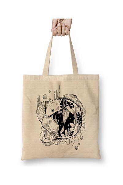 Toyaso Koi Fish Yin and Yang Koi Fish in Noire Space Tote Bag Long Handle Sho...