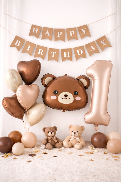 Öztürkpartievi 1 Year Old Birthday Balloon Set – Teddy Bear Foil Balloon, Hea...