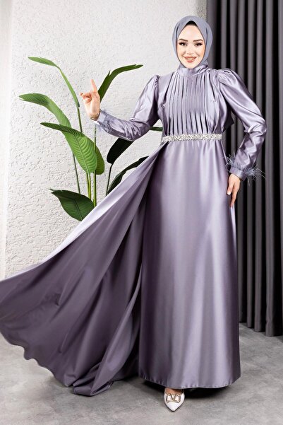 Kalemen Moda Beli Taşlı Drapeli Abiye 8006 Gri