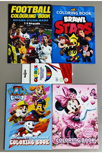 ada çanta kırtasiye 4 adet stickerli boyama kitabı ve 12'li kuru boya kalemi ...