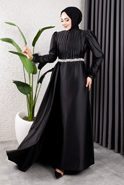 Kalemen Moda Beli Taşlı Drapeli Abiye 8006 Siyah