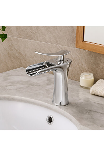 banyosepeti Cascade Krom Lavabo Bataryası – Şelale Akışlı, Parlak Yüzey, Mode...