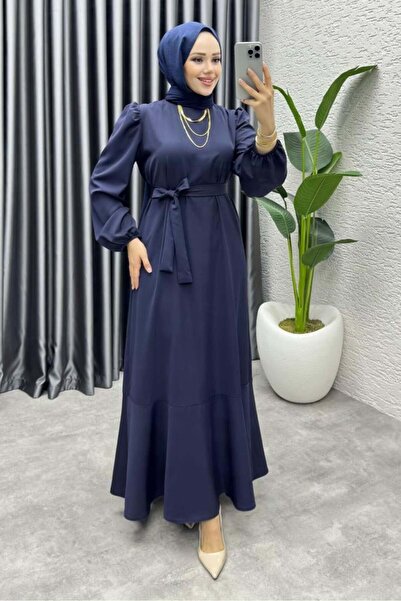 Kalemen Moda Eteği Volanlı Krep Elbise 1002 Lacivert