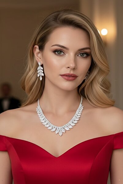 CAŞ DEKORASYON Silver Color Stone Evening Dress Set