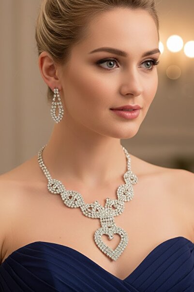 CAŞ DEKORASYON Silver Color Stone Evening Dress Set