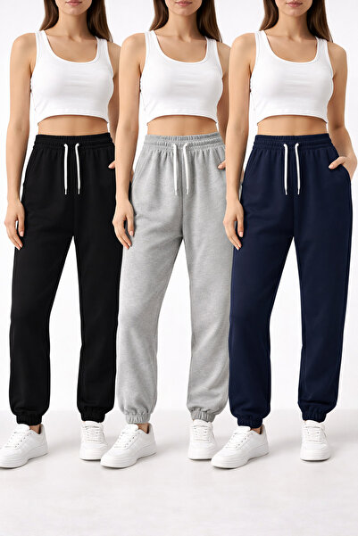 NAKRUF Women's Oversized Sweatpants Set of 3 Black Gray Navy Blue Cotton Insi...