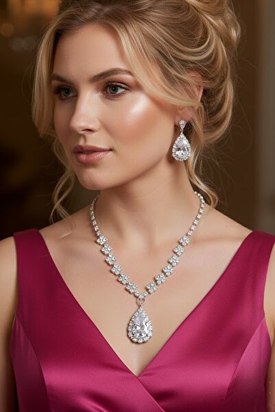 CAŞ DEKORASYON Silver Color Stone Evening Dress Set