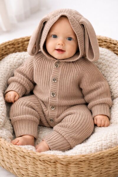 Minytrendy Kız Erkek Bebek Tavşan Kulak Kapüşonlu Selanik Triko Yenidoğan Tul...