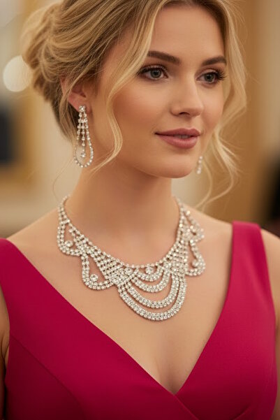 CAŞ DEKORASYON Silver Color Stone Evening Dress Set