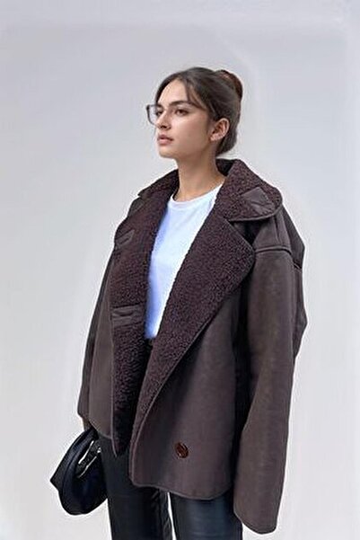 BELİZMOD Else Suede Textured O Oversized Button Coat with Plush Fur Inside