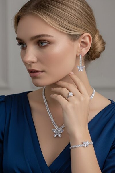 CAŞ DEKORASYON Silver Color Butterfly Stone 4-Piece Evening Dress Set