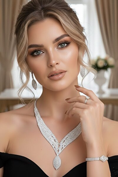 CAŞ DEKORASYON Silver Color Stone 4-Piece Evening Dress Set