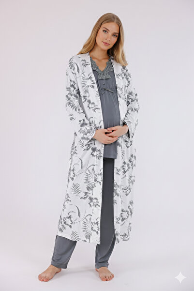 lohusahamile Smoked Pattern Dressing Gown Lace Detailed Dressing Gown Materni...