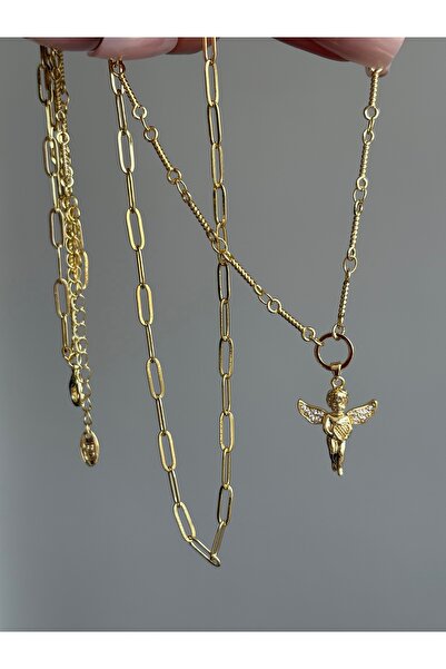 VİP AKSESUARRR KADIN ÇİFT ZİNCİR MELEK CHARM UÇ İKİLİ ZİNCİR KOLYE