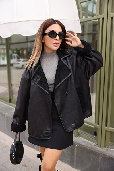 BELİZMOD Women's Plush Fur Inside O Oversized Faux Leather Coat - Else Lamina...