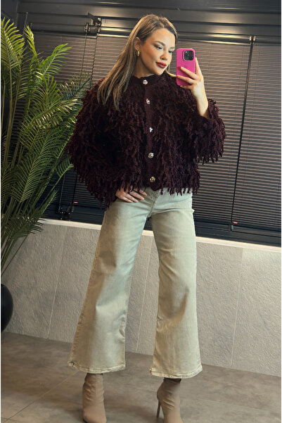 MİR STORE Burgundy Crew Neck Fringed Cardigan