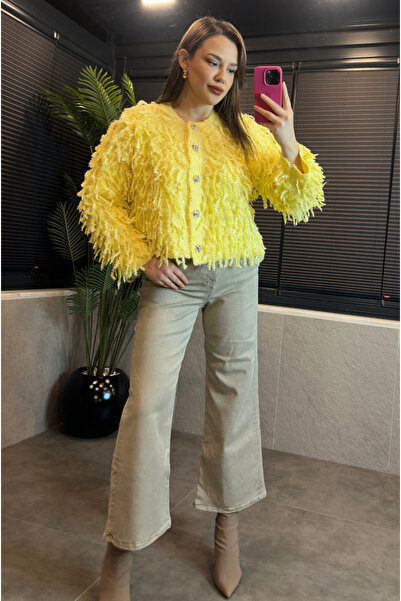 MİR STORE Yellow Crew Neck Fringed Cardigan