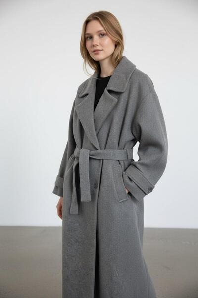 SLAY BUTİK Oversize Kol Apoletli Kuşaklı Kaşe Kaban