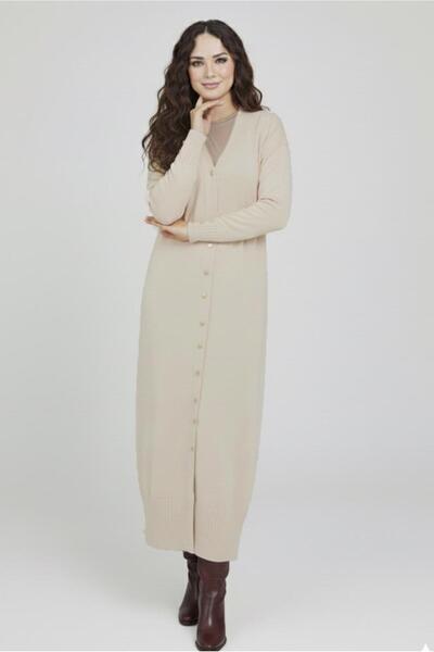 TRENDTESETTÜR Women's Beige (Stone) V-Neck Long Cardigan t 0523