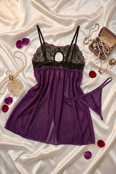 ZENCHES Dantel Detaylı 2'li Gecelik Ve String Takımı