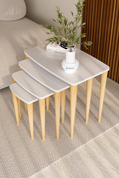 BENİCE HOME Aura Series, Beyaz Meşe 4'lü Zigon Sehpa Takımı, 1.sınıf MDF ve L...