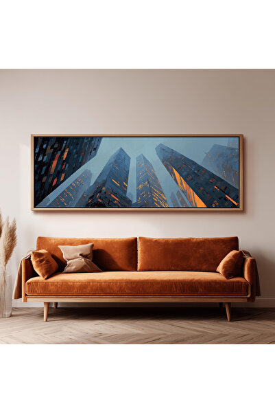 woodhomeworks Tek Parça Gerçek Ahşap Yatay Panorama Çerçeveli Tablo gökdelenler