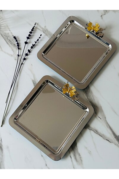 Melinda 2 Adet Kelebek Detaylı Kare Gümüş Tepsi Çay,Kahve,İkram Servis Sunum ...