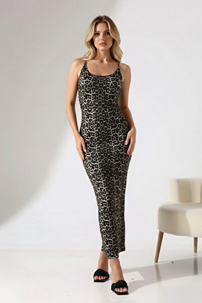 İntive Lingerie Leopard Patterned Sandy Fabric Strap Back Detailed Long Dress
