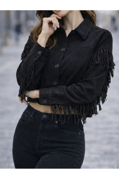 ayriss Nubuk-Süet Formlu Püskül Detaylı Sırt Desenli Gömlek Crop Gömlek