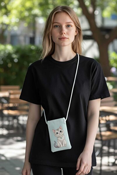 Malika KEDİ BASKILI TELEFON ÇANTASI, Bez Çanta, Omuz Çantası, ,Kanvas Çanta