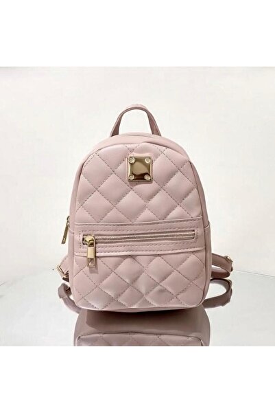 Markasız ucuz Pastel pink quilted women's backpack with zipper and gold details